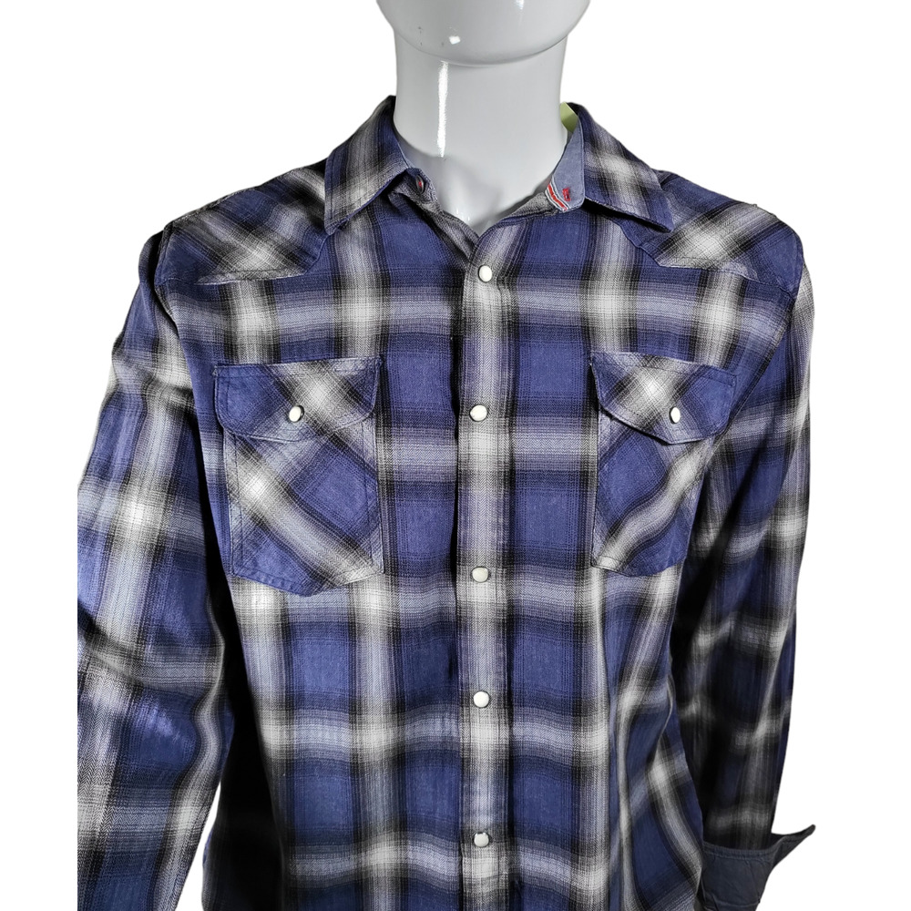 NWT FLAG & ANTHEM Indigo Dyed Pearl Snap Western Plaid Button Up 4XLT - Picture 9 of 12